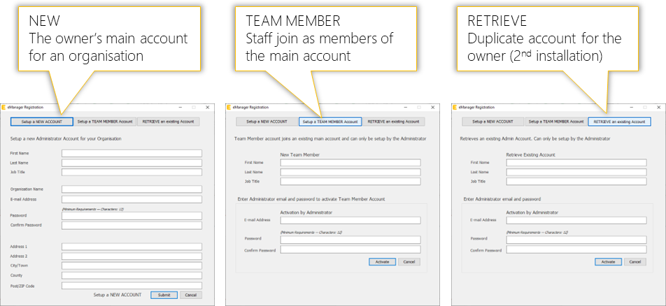 eManager installation account types